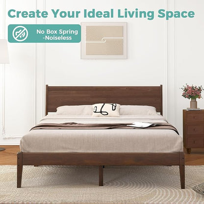 Full Size Bed with Headboard, Mid Century Malaysian Oak Bed, Wooden Platform Bed Frame with Storage, No Box Spring Needed, Easy Assembly, Full Size, Antique Espresso