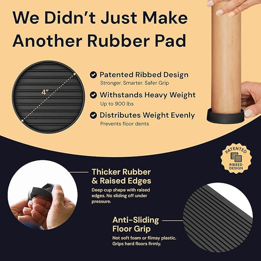 CasterMaster Non Slip Furniture Pads for Hardwood Floors - 4x4 Black Round Caster Cups - Rubber Feet for Furniture - Anti Slip Couch & Furniture Grip - Bed Frame Feet Protectors (Set of 4)