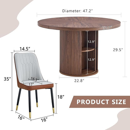 Round Dining Table Set for 6 with Two Storage, 47" Round Dining Table with 6 PU Leather Chairs, 7 Piece Kitchen Table Chairs Set of 6 with 1.7” Thick Wood Top, Roman Column Pedestal, Space-Saving