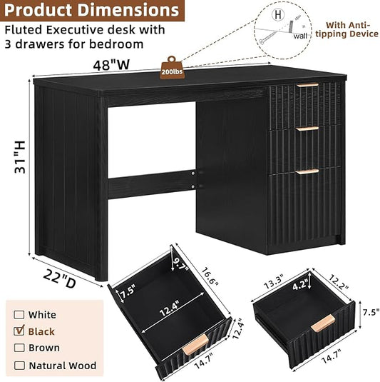 48" Modern Fluted Executive Desk with Storage Cabinet, Black Wood Home Office Desk with File Drawer & Metal Handles, Large Computer Writing Table for Office,Study, Living Room, Bedroom