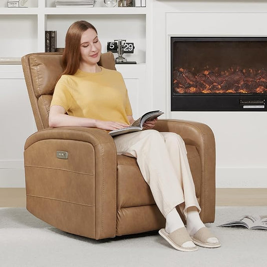 Watson & Whitely Swivel Recliner with Power Headrest, Recliner Chairs for Adults, Small Glider Rocker for Living Room, Faux Leather in Camel