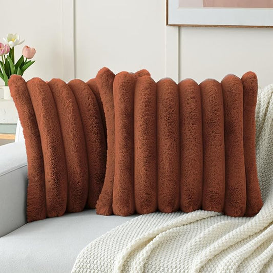 FUTEI Rust Decorative Throw Pillow Covers 20x20 Inch Set of 2, Square Soft Faux Rabbit Fur Big Striped Cushion Cover,Home Decor for Couch Sofa Bed Living Room