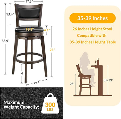 PrimeZone Swivel Bar Stools Set of 6, 26 Inch Counter Height Barstools, Black Faux Leather Bar Stool with High Backrest & Solid Wood Legs & Wrap-around Footrest, Counter Stools for Kitchen Island, Pub