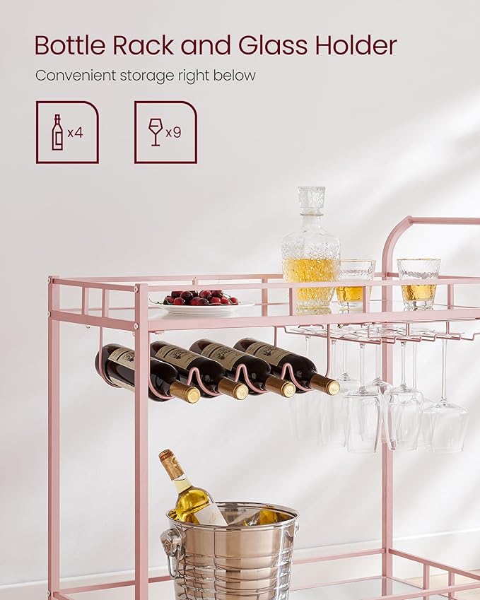 VASAGLE Bar Cart Gold, Home Bar Serving Cart, Wine Cart with 2 Mirrored Shelves, Wine Holders, Glass Holders, for Kitchen, Dining Room, Rose Gold ULRC090A07