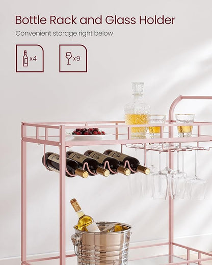 VASAGLE Bar Cart Gold, Home Bar Serving Cart, Wine Cart with 2 Mirrored Shelves, Wine Holders, Glass Holders, for Kitchen, Dining Room, Rose Gold ULRC090A07