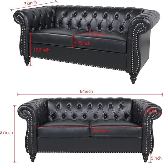 LEVNARY Leather Sofa, Chesterfield Tufted Upholstered 2 Seater Couch, Modern Loveseat Couch Classic Furniture for Living Room Bedroom (Black)