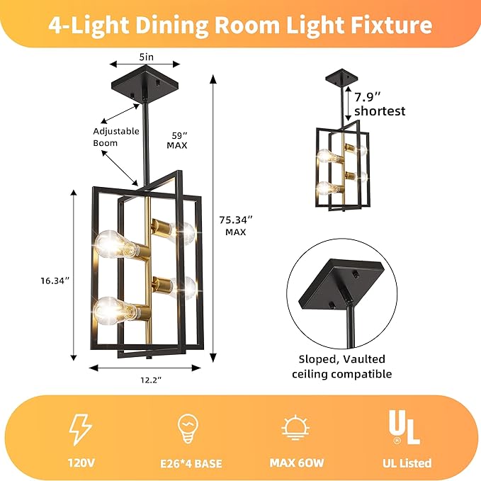 Black and Gold Chandelier Light Fixture: 4-Light Farmhouse Kitchen Island Lighting, Geometric Dining Room Light Fixtures, Rustic Industrial Entryway Chandelier, for Living Room, Bedroom, Foyer