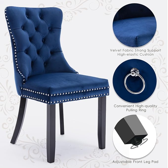 Velvet Upholstered Dining Chairs Set of 8, Modern Style Kitchen Side Chairs with Nailhead Trim and Wood Legs,Metal Pulling Ring for Dining Room Living Room(Blue)