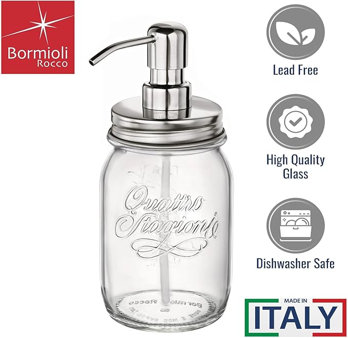 Bormioli Rocco Quattro Stagioni Soap Dispenser, 17 Oz - Stainless Steel Multifunctional Lid, Stain Resistant - Use as Soap, Lotion, Cocktail, Grater - Durable Dishwasher Safe Glass Jar