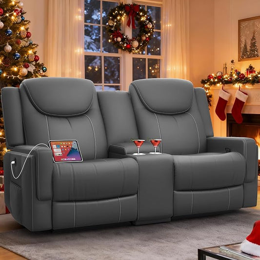 Loveseat Recliner Sofa, Gray PU Leather Double Recliner Loveseat with Console, Cup Holders, Storage & USB Ports, Ergonomics， Manual Reclining Sofa Couch for Living Room, RV