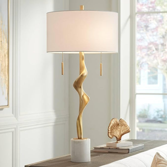 Possini Euro Design Montrose 31 3/4" Tall Sculpture Large Modern Glam Luxury End Table Lamp Pull Chain Gold Finish Marble Single Off-White Shade Living Room Bedroom Bedside Nightstand House Office
