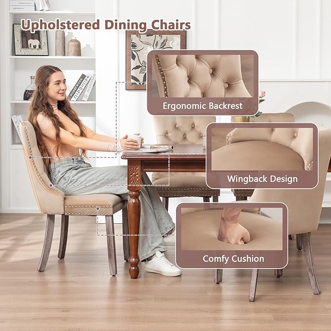 Velvet Dining Chairs Set of 4, Upholstered Dining Room Chairs with Nailhead Ring Pull Trim, Button Tufted Wing Back Chairs for Dining with Solid Wood Legs for Kitchen Dining Room(Khaki)