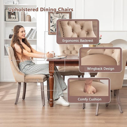 Velvet Dining Chairs Set of 2, Upholstered Dining Room Chairs with Nailhead Ring Pull Trim, Button Tufted Wing Back Chairs for Dining with Solid Wood Legs for Kitchen Dining Room(Khaki)