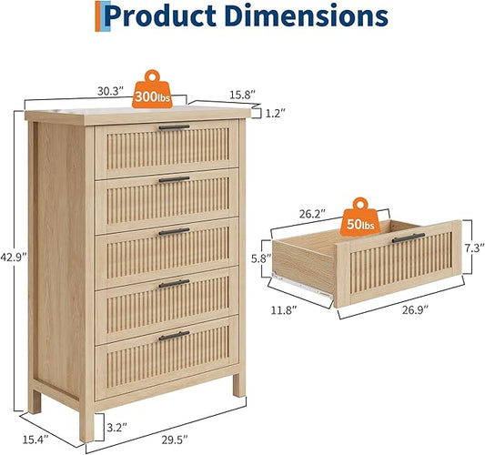 GarveeHome Fluted 5 Drawer Tall Dresser for Bedroom, 42.9 in Chest of Drawers, Wooden Dresser Chest with Clothes Storage Cabinet, Drawer Organizer, TV Stand for Bedroom, Living Room, Hallway, Natural
