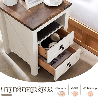 T4TREAM Farmhouse Nightstand Set of 2 with Charging Station, Rustic End Table with 2 Drawers, Storage Open Shelf for Bedroom, Living Room, Wood Side Table, Antique White