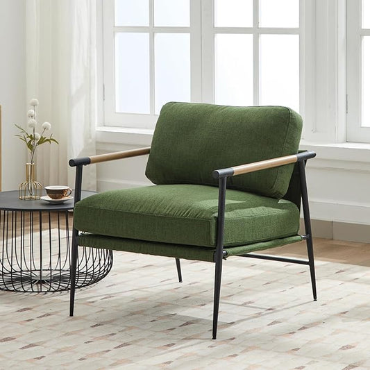 HEAH-YO Modern Accent Chair Set of 1, Upholstered Linen Fabric Living Room Chair with Backrests and Metal Legs, Comfy Reading Side Armchair for Bedroom, Green