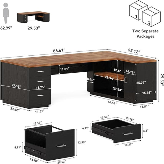 LITTLE TREE 87-Inch Modern Executive Desk with File Cabinet, Large Home Office Desk with Drawers, 3-Drawer Wooden File Cabinet, Spacious Workstation for Home Office (Brown & Black)