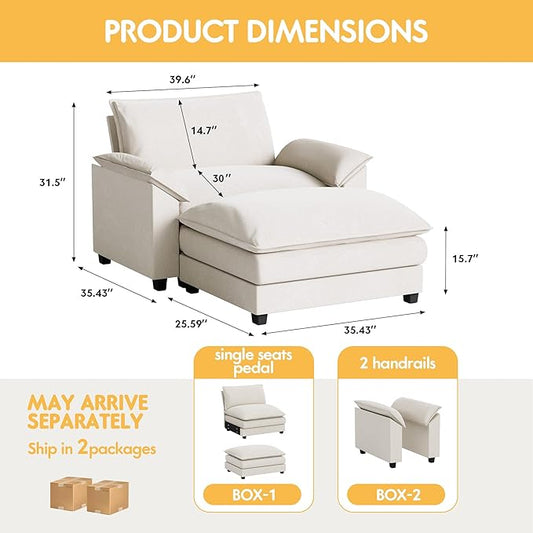 Homall 40" Modular Sectional Sofa, Single Sofa Couch with Reversible Ottoman, DIY Combination Chenille Deep 1-Seat Cloud Couch for Living Room, Apartment (White, Single Sofa Chair)
