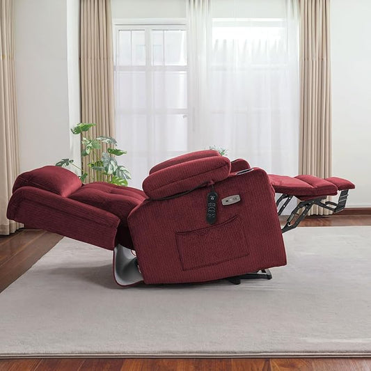 MCombo Large Triple Motor Power Lift Recliner Chair with Massage and Heat for Elderly People, Adjustable Headrest, Infinite Position, USB Ports, Fabric 7662 (Burgundy, Large)