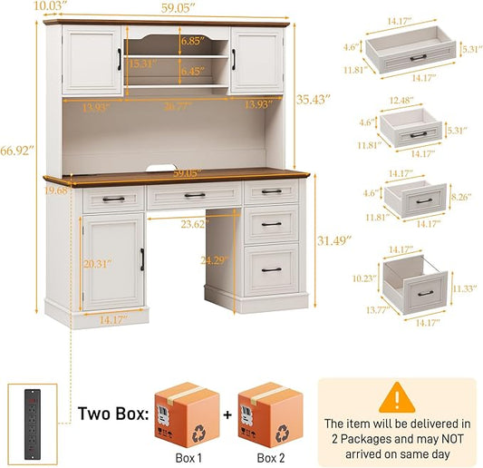 Vabches 67" H Farmhouse Executive Desk with Hutch. Wood Workstation with 5 Drawers, Storage Cabinet, File Drawers and Charging Station, Ideal as Office Desk, Computer Desk for Home Office and Study
