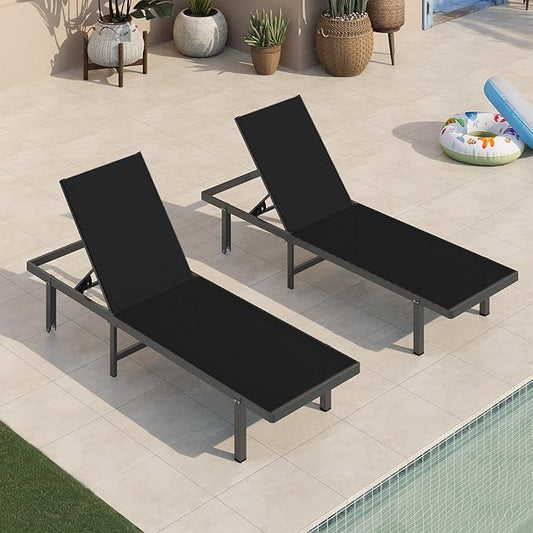 Pool Lounge Chairs, Chaise Lounge Outdoor with Wheels and 5-Position Recliner -Easy to Move- Aluminum Patio Lounge Chair for Poolside, Deck (Black)
