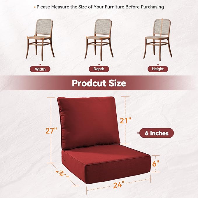 Luxury 6" Outdoor Cushions for Patio Furniture, 24x24x6" Thick Seat Cushion Set of 9, Fade Resistant Couch Chair Replacement Cushions High Density Deep Wicker Chair Cushion w/ Removable Cover, Red