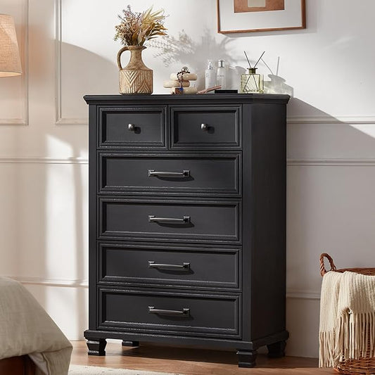 Farmhouse Bedroom Dresser and Nightstand Set of 4, 6 Drawer Tall & 5 Drawers Dresser & 3 Drawer Nightstand Set with Wooden Legs, Rustic Wood Bedroom Furniture for Livingroom, Hallway, Black
