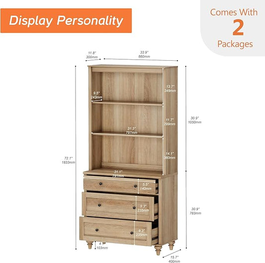 WAMPAT 3 Tier Bookshelf with 3 Drawers, 72" Tall Bookcase Large Farmhouse Display Book Case Shelf with 3-Tier Open Book Shelfs，Library Wood Bookshelves for Living Room,Kitchen, Oak