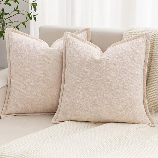 Beige Decorative Throw Pillow Covers 22x22 Inch Set of 2 Cozy Soild Chenille Cushion Cases Soft Textured Square Couch Pillows Cover Boho Accent Farmhouse Pillowcases for Sofa Bed