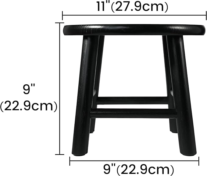 CONSDAN 9-Inch Round Step Stool for Adults & Kids, USA Grown Solid Oak Hardwood Ottoman, Sturdy Small Foot Stool for Kitchen, Bedside, Nursery, Shoe Changing, Plant Stand, Fully Assembled (Black)