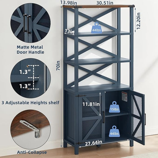 5 Tier Bookshelf 70" Tall Bookcase with Barn Doors,Large Farmhouse Display Book Shelf with Adjustable Shelves and Storage Cabinet,Wood Bookshelves for Living Room,Kitchen,Navy Blue(2PCS)