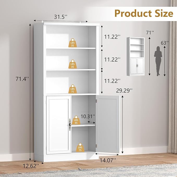 72'' Tall Bookcase with Doors, Adjustable Shelves, P2 MDF Construction, 32'' Wide Freestanding Cabinet with Metal Handles, Hidden Storage for Living Room, Bedroom, White