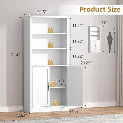 72'' Tall Bookcase with Doors, Adjustable Shelves, P2 MDF Construction, 32'' Wide Freestanding Cabinet with Metal Handles, Hidden Storage for Living Room, Bedroom, White