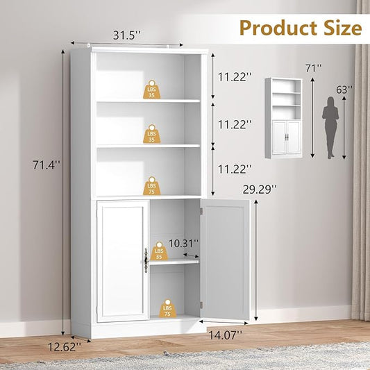 72'' Tall Bookcase with Doors, Adjustable Shelves, P2 MDF Construction, 32'' Wide Freestanding Cabinet with Metal Handles, Hidden Storage for Living Room, Bedroom, White