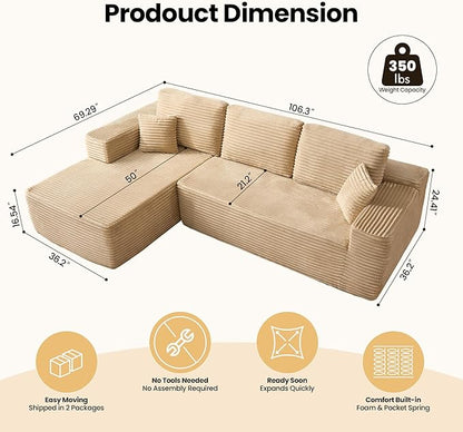 104" Cloud Sectional Couch with Chaise, Boneless L-Shaped Cloud Couch with Deep Seat, Soft Plush Modern Minimalist Sofa, Assembly Free Comfy Sofa for Office Living Room Apartment(Beige, Left Chaise)