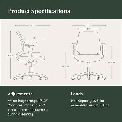 Branch Daily Chair - Vegan Leather Office Chair with Swivel, Lumbar Rest, and Adjustable Armrests - Comfortable Seating for Improved Posture and Productivity - Black