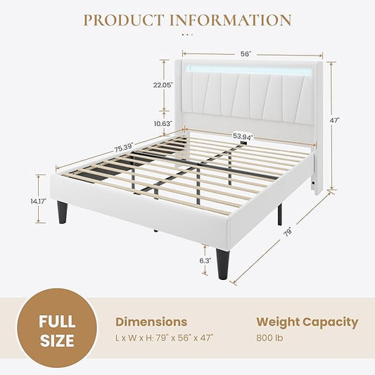 SHA CERLIN Full Size Bed Frame with Charging Station and LED Lights, Modern Velvet Platform Bed with Upholstered Geometric Wingback Headboard, No Box Spring Needed, Easy Assembly, White