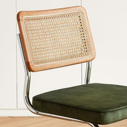 Green Rattan Dining Chairs Set of 2, Wooden Mid-Century Modern Kitchen Chairs, Mesh Back Cane Dining Room Chairs, Cesca Chair with Metal Chrome Legs