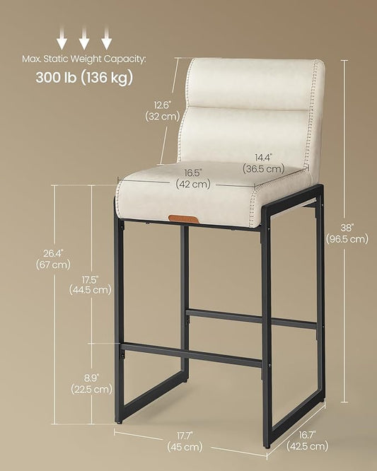VASAGLE EKHO Collection - Bar Stools Set of 2, Counter Height Stools with Backs, 26.4-Inch Barstools Chairs, Synthetic Leather with Stitching, Mid-Century Modern, Dining Kitchen Island, Cream White