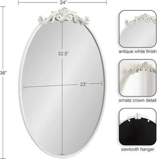 Kate and Laurel Arendahl Traditional Vertical Oval Wall Mirror, 24 x 36, Antique White, Vintage Glam Baroque-Inspired Round Bathroom Vanity Mirror with Ornate Crown