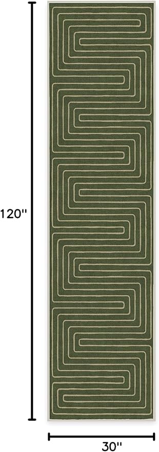 RUGGABLE x Jonathan Adler Machine Washable Modern Runner Rug – Labyrinth Fern Green 2.5x10, Stain-Resistant, Non-Slip – Washable Rug for Hallway, Entryway, Living Room & Kitchen–with Standard Pad