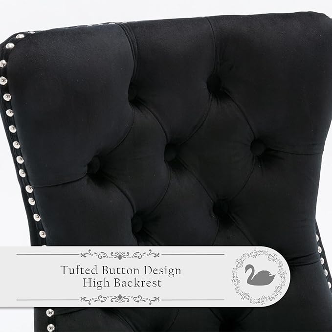 Velvet Upholstered Dining Chairs Set of 6, Modern Style Kitchen Side Chairs with Nailhead Trim and Wood Legs,Metal Pulling Ring for Dining Room Living Room(Black,Set of 6)