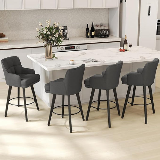 360°Swivel Counter Height Bar Stools with Back, 30 inch Solid Wood Legs, Bar Stool Modern Kitchen Island Chairs, Fabric (Black Grey- Fabric, 30" H- Set of 4)