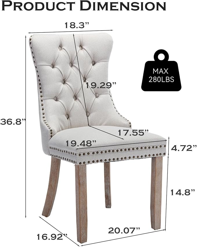 Linen Upholstered Dining Chairs Set of 4, Modern Style Kitchen Side Chairs with Nailhead Trim and Wood Leg, Metal Pulling Ring for Dining Room Living Room(Beige,Set of 4)