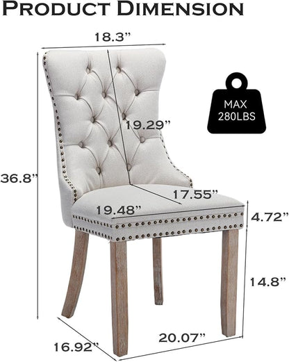 Linen Upholstered Dining Chairs Set of 4, Modern Style Kitchen Side Chairs with Nailhead Trim and Wood Leg, Metal Pulling Ring for Dining Room Living Room(Beige,Set of 4)