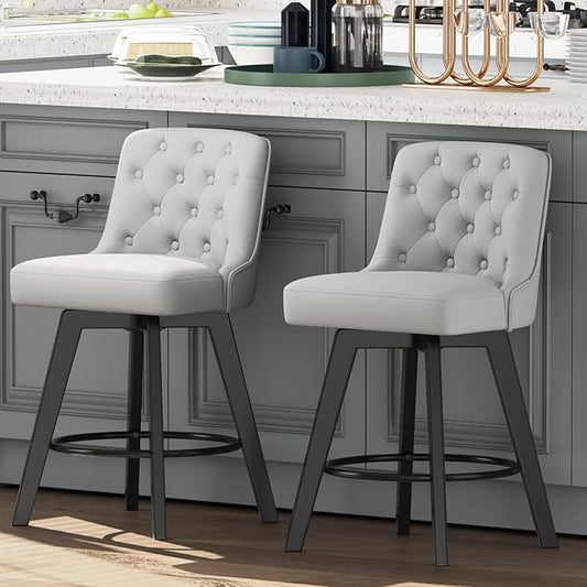 MINCETA Bar Stools Set of 2, PU Leather Barstools, 26 Inch Upholstered Counter Stools with Low Tufted Back and Footrest, Swivel Counter Height Barstools for Kitchen Island Home Bar Light Gray