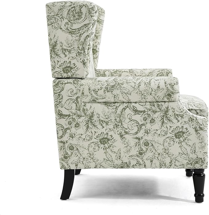Wingback Accent Chair, High Back Upholstered Armchair, Printed Fabric Wingback Arms Chairs with Wood Legs, Single Sofa Reading Chair for Bedroom Living Room, Green Pattern