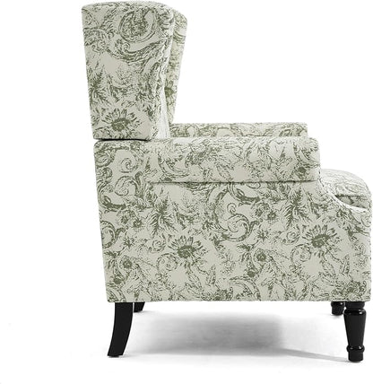 Wingback Accent Chair, High Back Upholstered Armchair, Printed Fabric Wingback Arms Chairs with Wood Legs, Single Sofa Reading Chair for Bedroom Living Room, Green Pattern