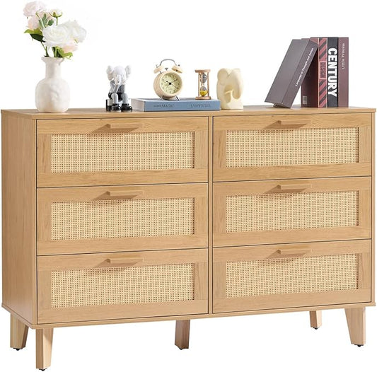 6 Drawer Dresser for Bedroom, Modern Wooden Chest of Drawers with Metal Handles, Anti-Tipping Design, Sturdy and Stable Storage Organizer for Living Room, TV Stand,Natural Oak