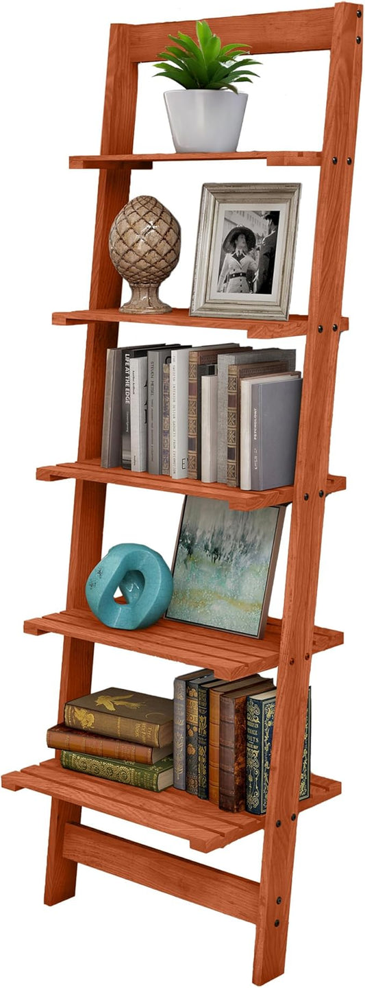 5-Tier Ladder Shelf - 50-Inch Narrow Leaning Bookshelf - Wooden Bookcase for Living Room, Bathroom, Kitchen, Office, or Bedroom Furniture by Lavish Home (Cherry)